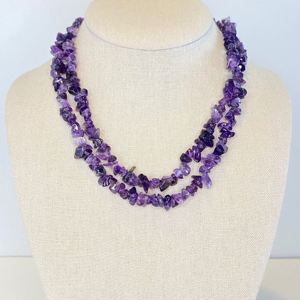 Vintage Amethyst Chip Bead Necklace Purple Natural Stone Nugget Strand 36" Long